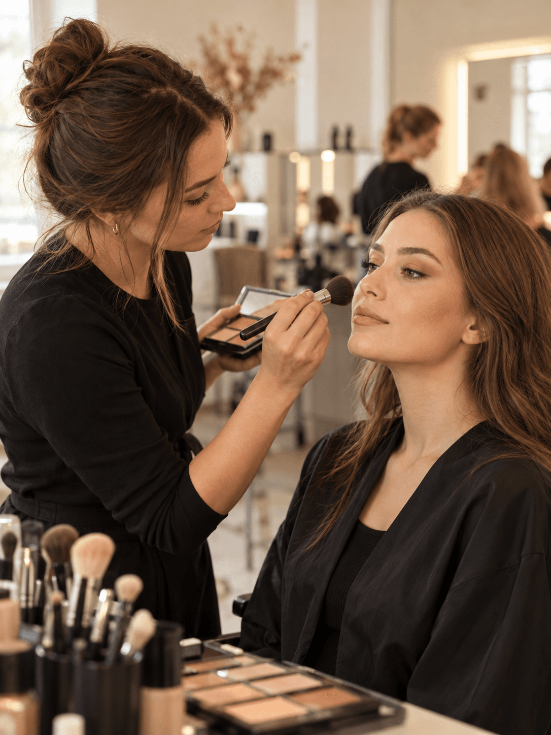 Vizážistka nanáší make-up klientce